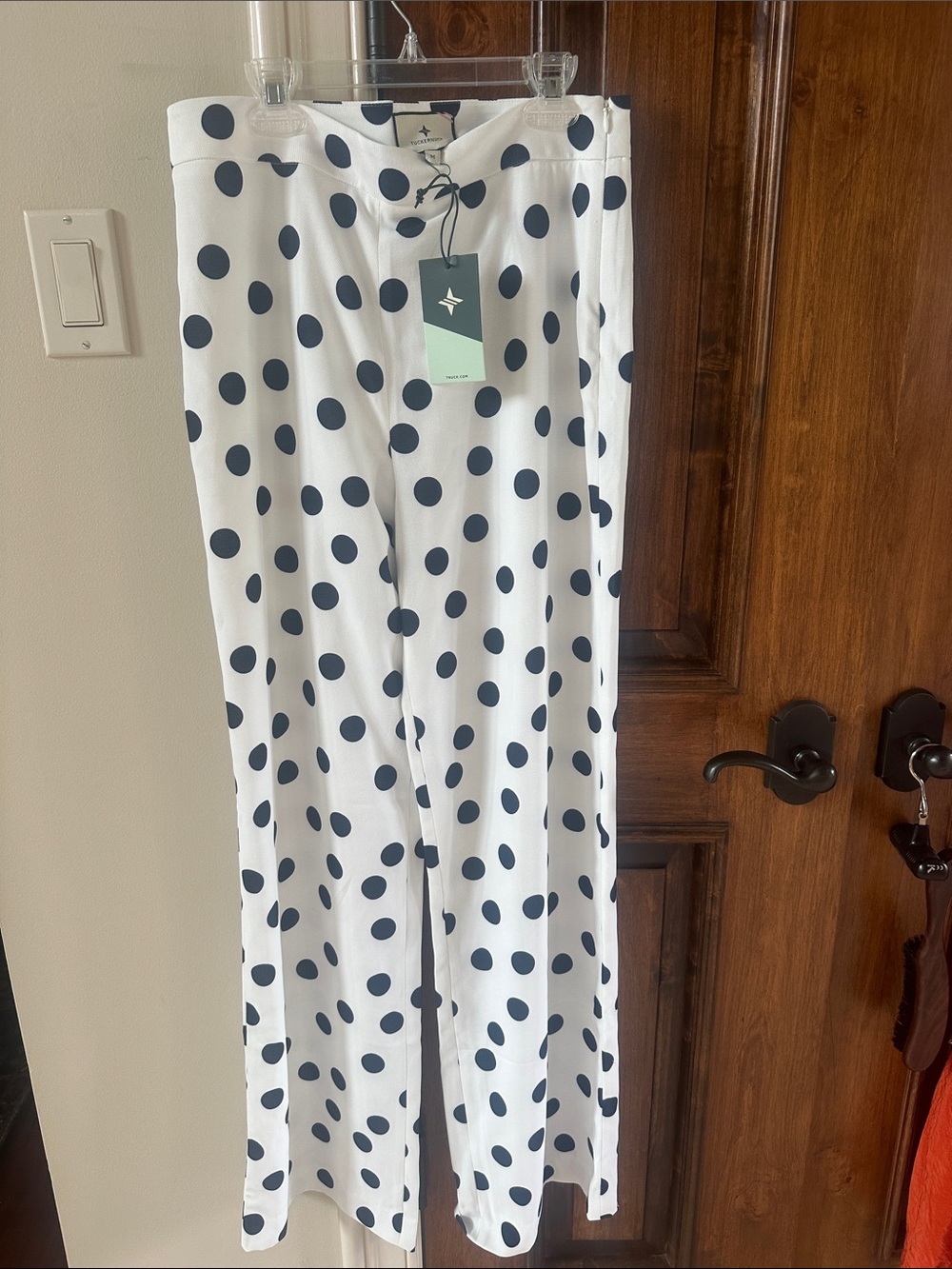 Tuckernuck ladies White Wide-Leg Pants with Navy Polka Dots Med & Lrg available